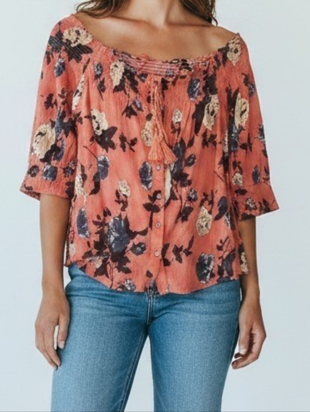 Miss Me Peasant Blouse Size L Orange Black Floral Tassel Hippie Boho Cottagecore